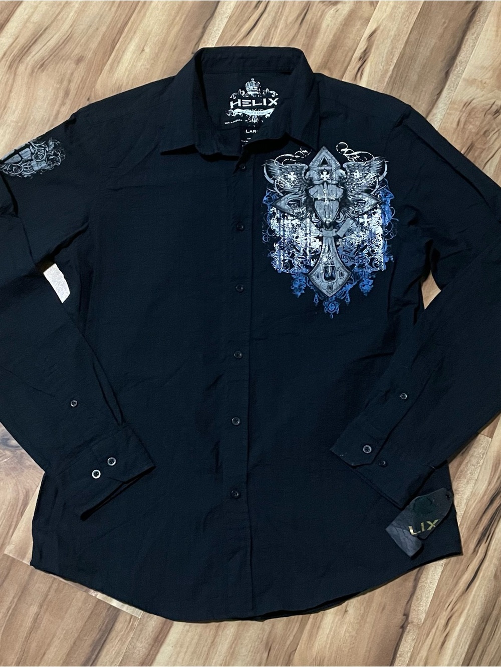 NWT Helix Black Graphic Button Up Shirt Ornate Cross Cyber Y2K Grunge Goth L